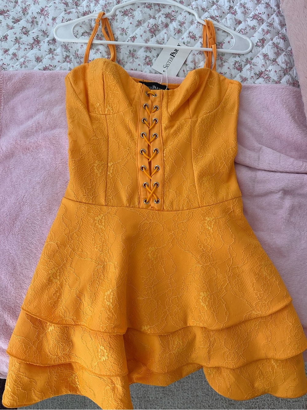 Lace Corset-Style Tiered Dress in Orange